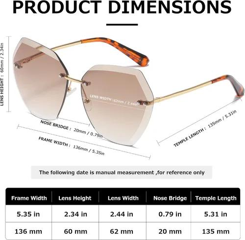 Miniatura 4 de AEVOGUE - Los lentes de sol para mujer, sin bordes, lentes de corte de diamante, de tamaño grande (AE0534)