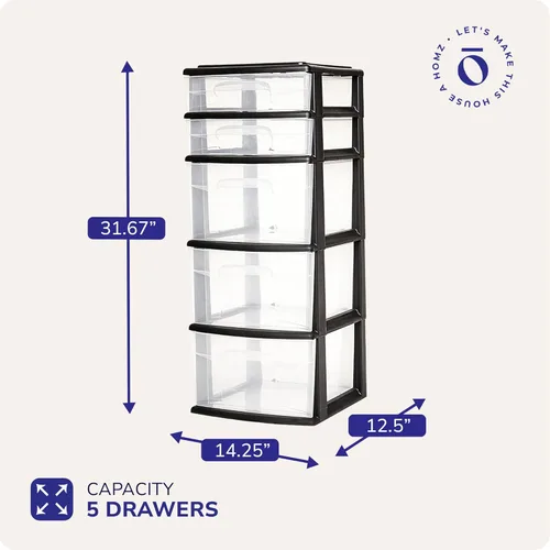 Miniatura 3 de HOMZ Torre de cajones, unidad organizadora de almacenamiento de plástico transparente de 5 niveles, marco negro, cajones multiusos para dormitorio