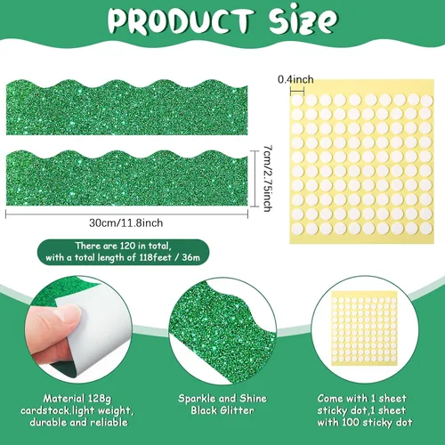 Miniatura 2 de Containlol Bordes de tablero de anuncios con purpurina de 118 pies, 120 hojas festoneadas para decoración escolar, día de San Patricio, regreso a