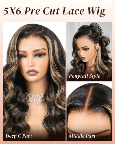 Miniatura 4 de Arabella 5x6 Pelucas listas para usar sin pegamento de cabello humano 1B/27 con encaje frontal resaltado, pelucas de cabello humano con densidad