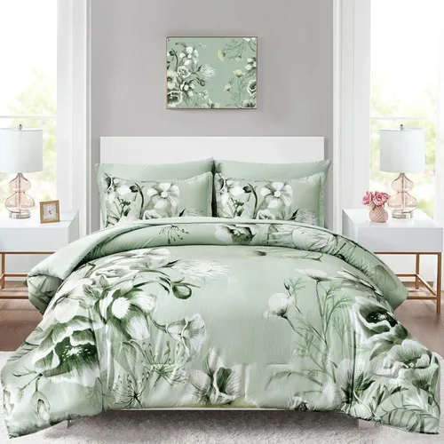 Miniatura 20 de Luxudecor Juego de edredón floral tamaño King de 7 piezas, cama de flores azul marino en una bolsa, elegante edredón floral con juego de sábanas
