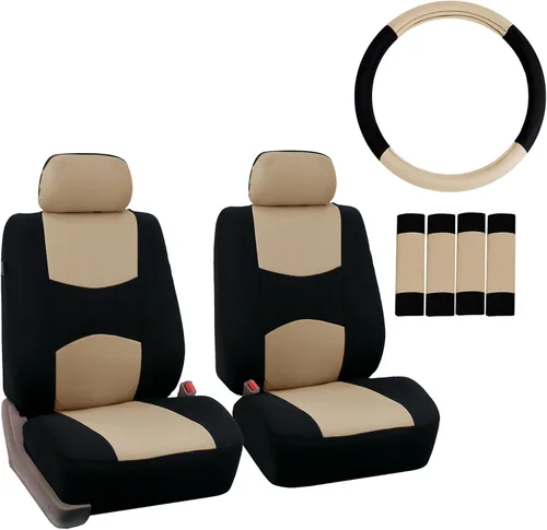 Fundas de asientos para auto de tela lisa y almohadillas para cinturón y volante, diseño universal FH-FB050102 y FH2033, Beige1