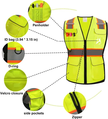 Miniatura 5 de Chaleco de seguridad reflectante Hi Vis, clase 2, con 7 bolsillos y cremallera, cumple con las normas ANSI/ISEA