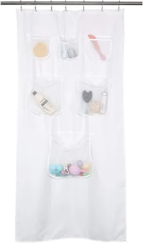 Miniatura 8 de Mrs Awesome Cortina de Ducha de Tela Gris o Forro con 9 Bolsillos de Malla, 72 x 72 pulgadas, Impermeable, Lavable y con Ojales Resistentes al