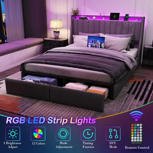 Miniatura 6 de Base de cama matrimonial con 2 cajones de almacenamiento, base de cama de plataforma tamaño matrimonial con luz LED, cabecera tapizada, estación