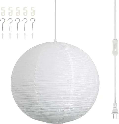 Miniatura 11 de Lámpara colgante de papel con enchufe, lámpara colgante de papel de arroz blanco roto de 20 pulgadas con cable de 19.7 pies de globo grande japonés