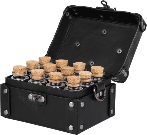 HiiFeuer Caja medieval de alquimia de piel sintética con 12 viales de poción de corcho, bolsa cruzada portátil de fantasía, soporte para dados Dnd,