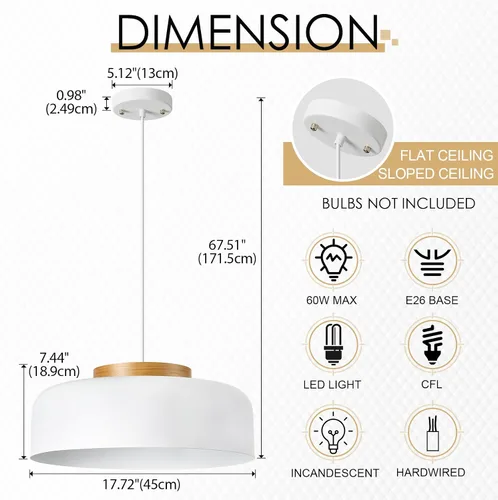 Miniatura 3 de Lámpara colgante grande, 17.7 pulgadas, tapa de madera natural, cable ajustable, lámpara de araña simple y moderna para comedor, mesa de cocina