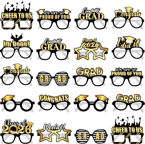 KatchOn Gafas de graduación 2025 negras y doradas – Juego de 20 | Accesorios para cabina de fotos | Decoraciones de clase de 2025 | Recuerdos de