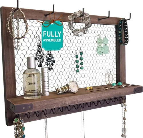 OUTSHINE Organizador de joyas de pared grande de granja (espresso) | Organizador de pared para aretes, collares, pulseras, accesorios para el