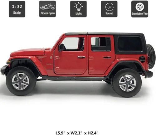 Miniatura 2 de Wrangler Sahara - Vehículo de juguete fundido a presión a presión de 4 puertas, vehículos de metal a escala 1/32, vehículos de metal fundido a Rojo