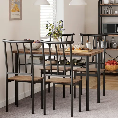Miniatura 9 de Alkmaar Juego de mesa de cocina con 2 bancos tapizados para 4 personas, mesa rectangular de metal y madera para espacios pequeños, apartamento