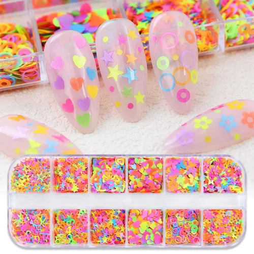 Juego de 12 cuadrículas coloridas con diseño de corazón para uñas, lentejuelas con purpurina 3D, holográfico, paquete mixto, diseños de letras de