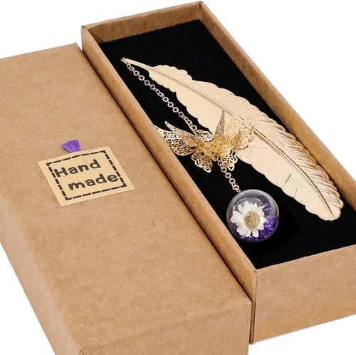 Miniatura 14 de Toirxarn Marcapáginas de Pluma Dorada para Mujeres con Colgante de Mariposa y Caja de Regalo – Ideal para Amantes de los Libros, Bibliotecarios