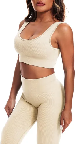 Miniatura 3 de YUMSUN Conjunto de entrenamiento para mujer, 2 piezas, sin costuras, acanalado, camiseta sin mangas, deportes, gimnasio, cintura alta, correr, yoga