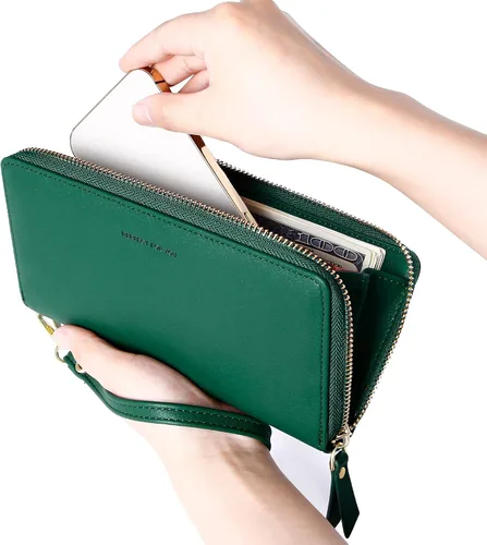 Miniatura 5 de Badiya Cartera para mujer con bloqueo RFID, soporte para tarjetas de crédito, de gran capacidad, con cierre de cuero, con cremallera alrededor