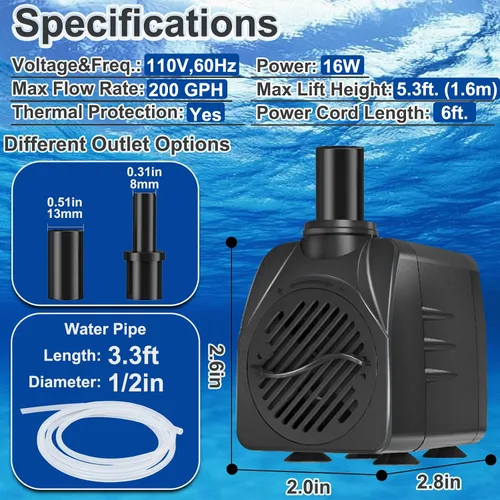 Miniatura 5 de SongLong Bomba sumergible con cable de alimentación de 200 GPH (750 L/H) de 6 pies, bomba de fuente de agua con elevación de 5.3 pies para fuentes
