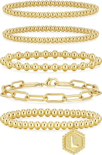 Miniatura 20 de adoyi - Pulseras de oro para mujer, impermeables, con cuentas de bolas chapadas en oro de 14K, pulseras ajustables apilables para regalos