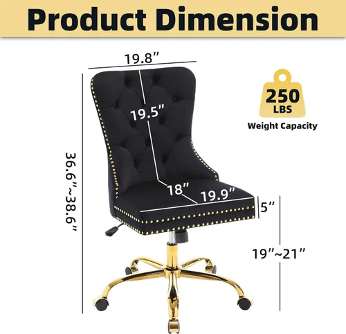 Miniatura 2 de Silla de escritorio de terciopelo con ruedas, silla de oficina dorada, silla giratoria sin brazos con ribete de remache de respaldo alto, cómoda