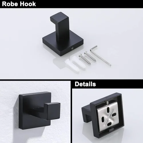 Miniatura 3 de TURS Juego de 3 toalleros negros con anillo para toallas, gancho para toallas de baño, de acero inoxidable, montaje en pared.