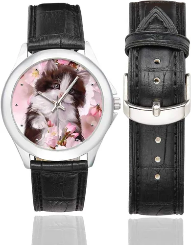 Miniatura 2 de InterestPrint Funny Cat - Reloj clásico de acero inoxidable con correa de cuero para mujer, color negro
