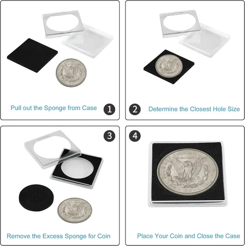 Miniatura 6 de Soportes para monedas, 20 soportes para monedas de dólares plateados, fundas transparentes para coleccionistas con 5 tamaños de junta negra de Negro