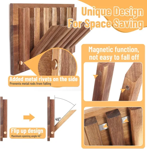 Miniatura 8 de Pequeño Perchero para Apartamento: 10.4 Pulgadas de Madera Rústica con 6 Ganchos de Pared Montable Retractable para Espacios Estrechos, Entrada