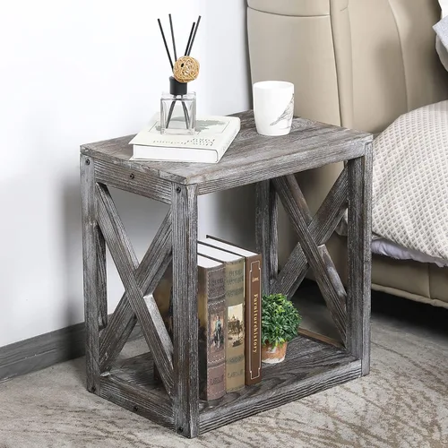 MyGift Mesita de noche, mesa auxiliar gris rústica, mesita de noche de madera con diseño en X y estante inferior de almacenamiento