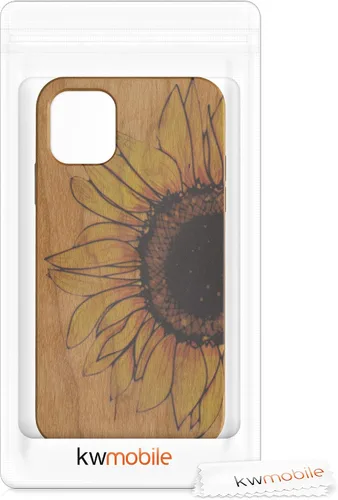 Miniatura 6 de kwmobile Funda de madera compatible con Apple iPhone 11, diseño de girasol, amarillo y marrón oscuro, marrón claro