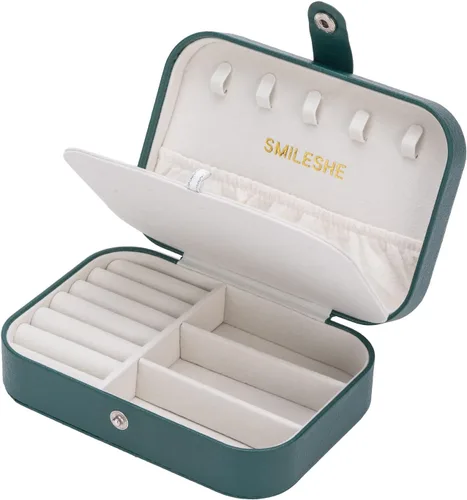Smileshe Joyero, estuche de viaje portátil pequeño de piel sintética, organizador de 2 capas, cajas de almacenamiento para anillos, aretes,