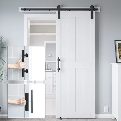 Miniatura 4 de Puerta corrediza de granero MDF de 30 x 84 pulgadas con kit de herrajes para puerta de granero de 5 pies y asa, agujeros preperforados, fácil Blanco