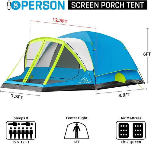 Miniatura 2 de JELUCAMP Tienda de campaña familiar grande impermeable para 6/8 personas para camping, tienda de campaña con porche con mosquitero, relajación sin