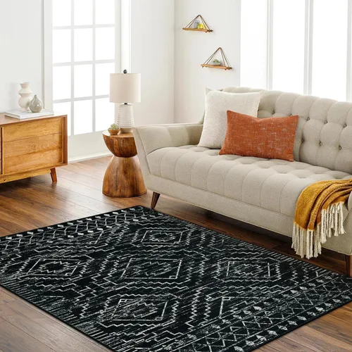 Miniatura 5 de Wonnitar Alfombra marroquí lavable de 5 x 7 pies, color negro, alfombra grande para sala de estar, antideslizante, bohemio, para dormitorio