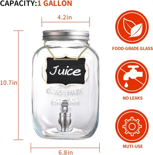Miniatura 2 de Eleganttime Dispensadores de bebidas de vidrio de 1 galón para fiestas, paquete de 2 dispensadores de bebidas con infusor de frutas, dispensador