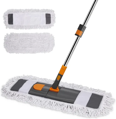MASTERTOP Trapeador de polvo para limpieza de pisos, mopa de microfibra con 2 almohadillas lavables, mango largo ajustable en altura, trapeador Gris