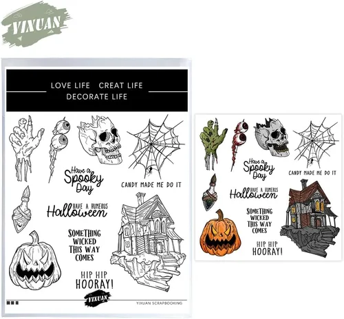 Miniatura 3 de Juego de sellos transparentes espeluznantes y troqueles de corte de metal con diseño de calavera de calabaza de Halloween con paquete de caja