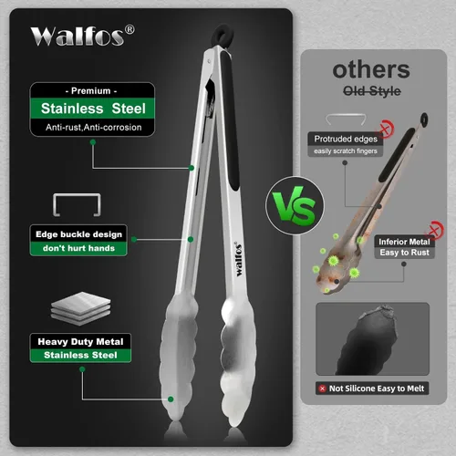 Miniatura 8 de Walfos Pinzas de cocina de acero inoxidable para cocinar, 7, 9 y 12 pulgadas, pinzas de metal de grado alimenticio para cocinar, barbacoa, juego