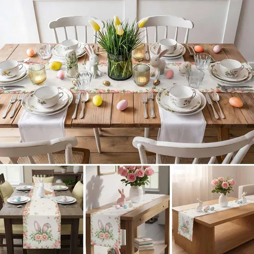 Miniatura 7 de Camino de mesa de Pascua de 36 pulgadas con orejas de conejo para decoración de mesa de cocina y comedor con flores de primavera