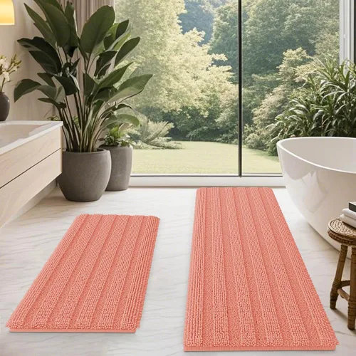 Miniatura 7 de ACCUMTEK - Juego de alfombras de baño a rayas beige de 3 piezas, ultrasuaves, antideslizantes de chenilla, alfombras de baño mullidas y absorbentes