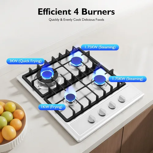 Miniatura 5 de Placa de cocina de gas integrada de 23 pulgadas, estufa de acero inoxidable de 4 quemadores, para conversión de gas natural y propano GLP, aparato