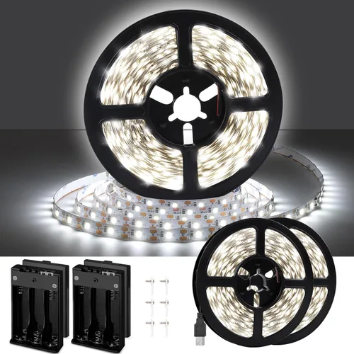 Tira de luz LED USB de 6500 K con caja de batería, tira de luces blancas de luz diurna de 16.4 pies para debajo del gabinete, cortables para