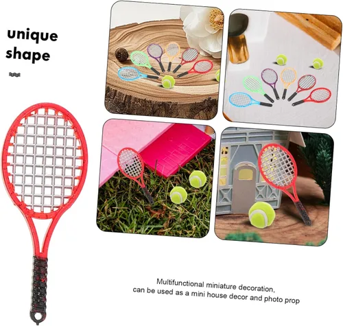 Miniatura 9 de SUPVOX Juego de tenis en miniatura de 6 piezas, accesorios deportivos para casa de muñecas a escala 1:12, con raquetas y bolas, juguete realista