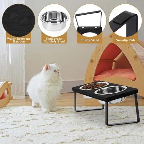 Miniatura 4 de Tazones elevados para comida y agua para gatos – Tazón elevado de acero inoxidable inclinado en 15° con soporte de bambú negro y estación