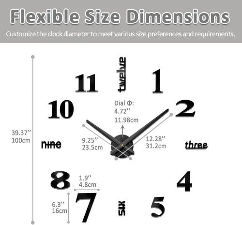 Miniatura 5 de Mintime Reloj de pared moderno sin marco, grande, 3D, números de espejo para decoración de oficina en casa Negro
