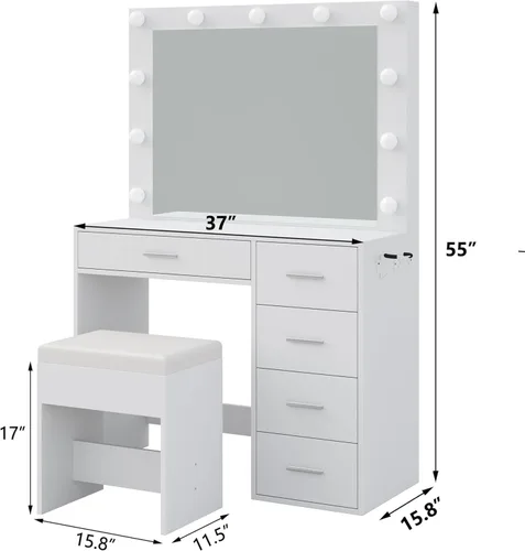 Miniatura 2 de FUSOU Escritorio de tocador de 37 pulgadas con espejo y luces LED, tocador de maquillaje con toma de corriente y USB, 3 modos de iluminación