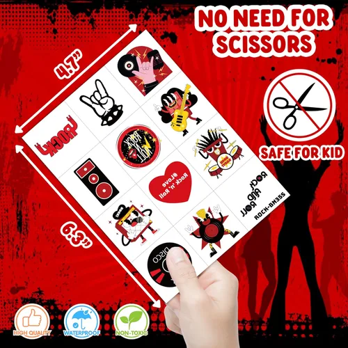 Miniatura 4 de Calcomanías de tatuajes temporales de rock para niños, niñas y adultos, 60 tatuajes temáticos de bandas musicales con guitarras, tambores, pernos