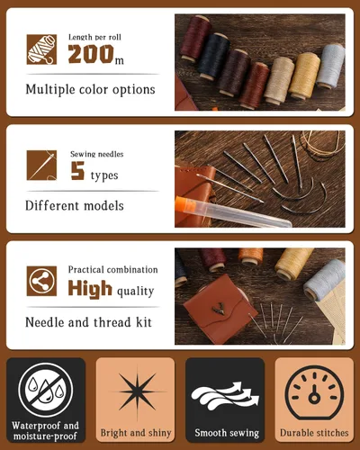 Miniatura 6 de DIUDUS Hilo encerado de 218 yardas, hilo encerado de cuero con agujas de coser resistentes, hilo de cuero para coser a mano, reparación de cuero