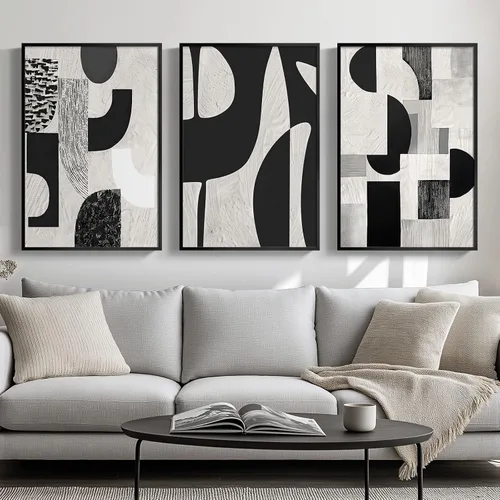 Miniatura 28 de Arte abstracto neutro en blanco y negro para sala de estar, 3 cuadros de impresiones en lienzo, para paredes, imágenes geométricas minimalistas