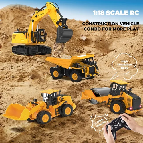 Miniatura 4 de Juguete de excavadora RC de metal 1:18 para niños Vehículo de construcción de control remoto de 11 canales con rociador de agua, luces y sonidos