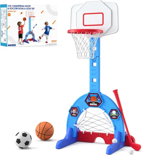 HYES Aro de baloncesto para niños pequeños, centro de actividades deportivas 3 en 1 con portería de fútbol, juego de golf, aro de baloncesto para